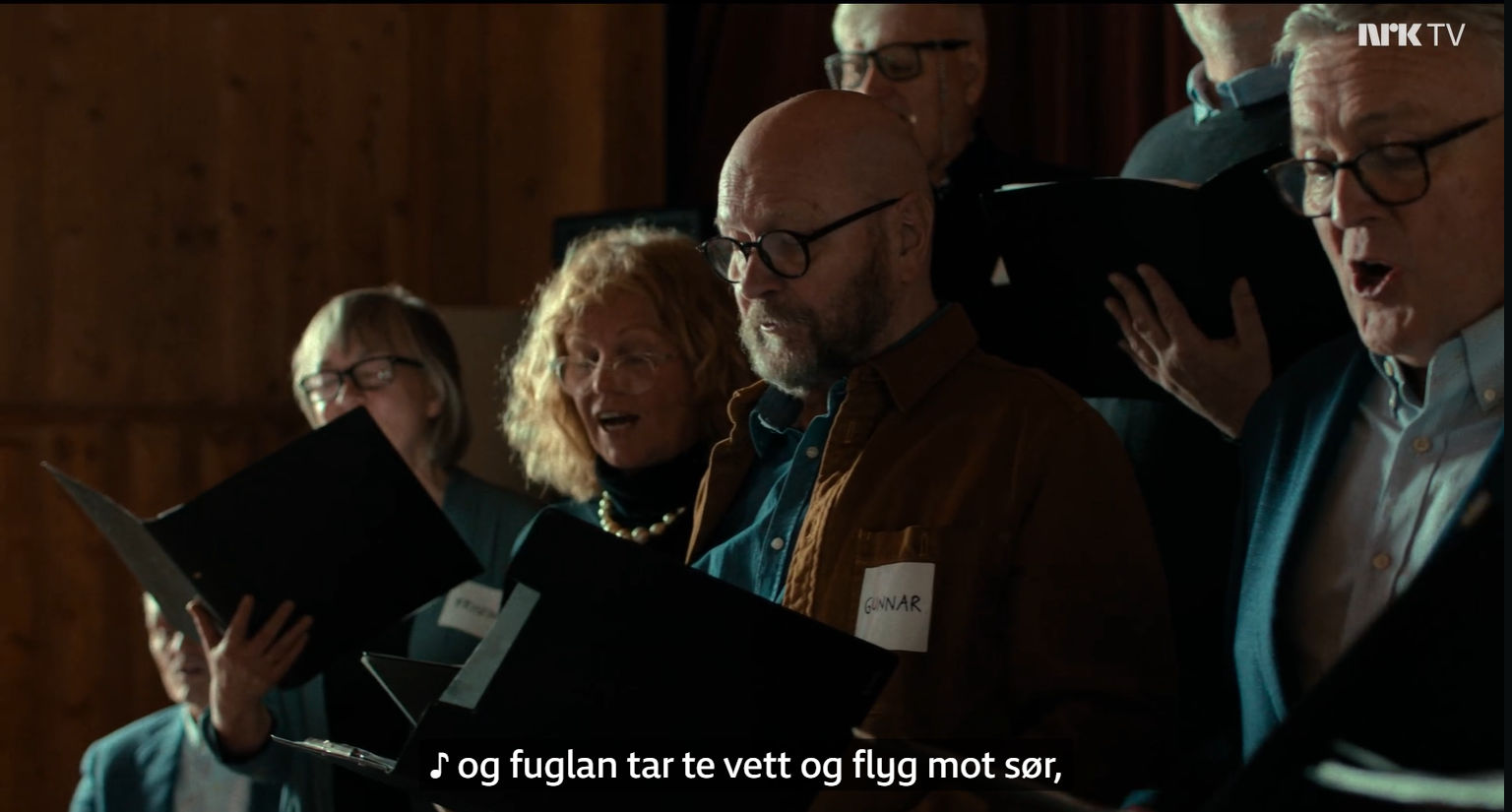 Underteksten viser et symbol for musikk og gjengir teksten som synges